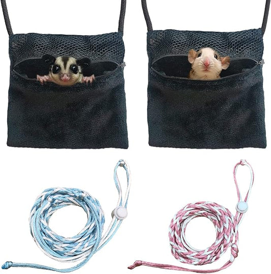 2 Pics Sugar Glider Pouch and 2 Pics Hamster Leash Small Animal Carry Pouch with Adjustable  Cozy & Portable Habitat for Small Pets (Hamsters, Rat, Marmosets, Squirrels)