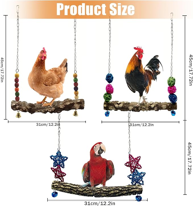 Chicken Bird Swing,Chicken Perch,Natural Wooden Swing Toys,Wood Stand for Chick,Safe and Relief of Stress,Chicken Coop Accessories,Coop Swing for Chicken Bird,Parrot,Hens (3PCS)