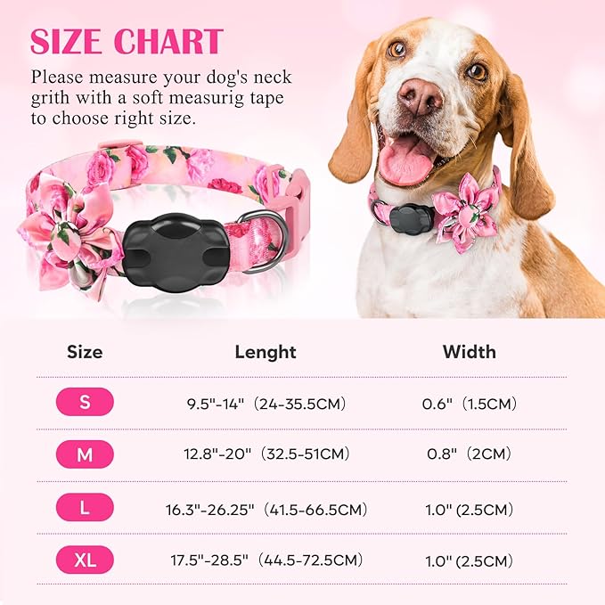 Airtag Dog Collar for Medium Dogs, Rose-Pink Dog Collars Girl with AirTag Holder Waterproof Airtag Case, Including Flower Spring Dog Collar Bowtie, for All Female Dogs ï»