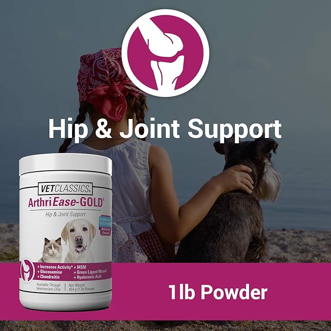 Vet Classics ArthriEase-Gold Hip & Joint Support for Dogs, Cats Pet Health Supplement Powder  Alleviates Aches, Discomfort  For Flexibility, Healthy Joint Function  Antioxidants  1 Lb.