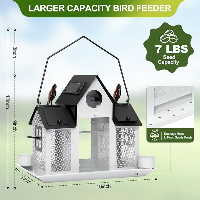 Solar Bird Feeders House for Outdoors Hanging, 7LBS Large Capacity Metal Wild Bird Feeder Squirrel Proof for Outside with Water Cup, Cardinal Birdfeeder Birdhouses Gift for Bird Lovers