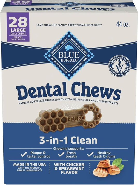 Blue Buffalo Large Dental Chews for Dogs, Daily Dental Care Dog Treats Made in The USA with Natural Ingredients, Chicken & Spearmint (44-oz Box, 28 Count)