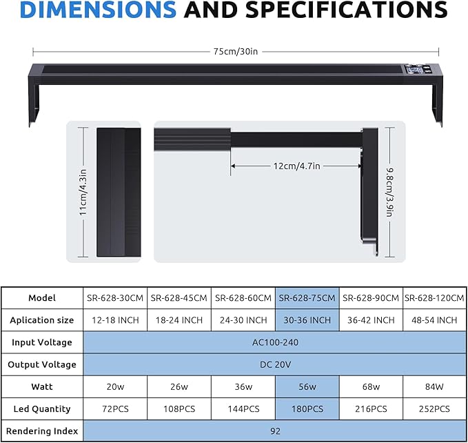 SEAOURA 24/7 LED Aquarium Light for 30-36 Inch Fish Tank, Auto On Off with Timer, 9 Colors, Adjustable Brightness, Daylight Moonlight Mode, Full Spectrum Fish Tank Light for Plants, 56W