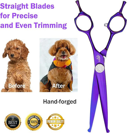 7" Straight Dog Grooming Scissors, Professional Pet Trimming Shears for Dogs and Cats, 440C Stainless Steel with Round Tips & Sharp Blades, Comfortable Grip for Groomers
