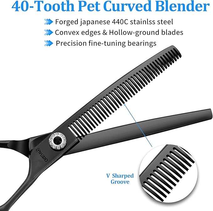7" Professional Curved Thinning Scissors for Dog Grooming Sharp Blades Blending Shears Dog Grooming Scissors Japan 440C Stainless Steel Smooth Motion & Fine Cutting(Black)