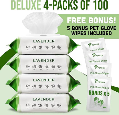 400 Dog Wipes for Paws and Butt Ears Eyes | Organic Pet Wipes for Dogs | Lavender Scented Dog Wipes Cleaning Deodorizing | Extra Thick Paw Wipes for Dogs Cats Pets | Bonus Glove Wipes Included