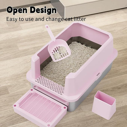 RIZZARI Large Cat Litter Box: Pink Semi-Closed Stainless Steel Litter Box with High Edges - Odorless Litter Pan Anti Leakage for Small to Large Cats for Bedroom Living Room
