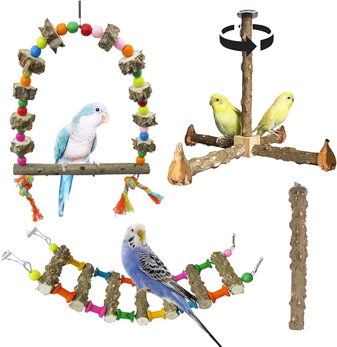 4-Piece Natural Wood Bird Cage Perch Set: Rotating Perch, Swing & Ladder Perfect for Parrots, Parakeets, Cockatiels, Lovebirds, Conures, Budgies, Quakers, and All Small to Medium Birds