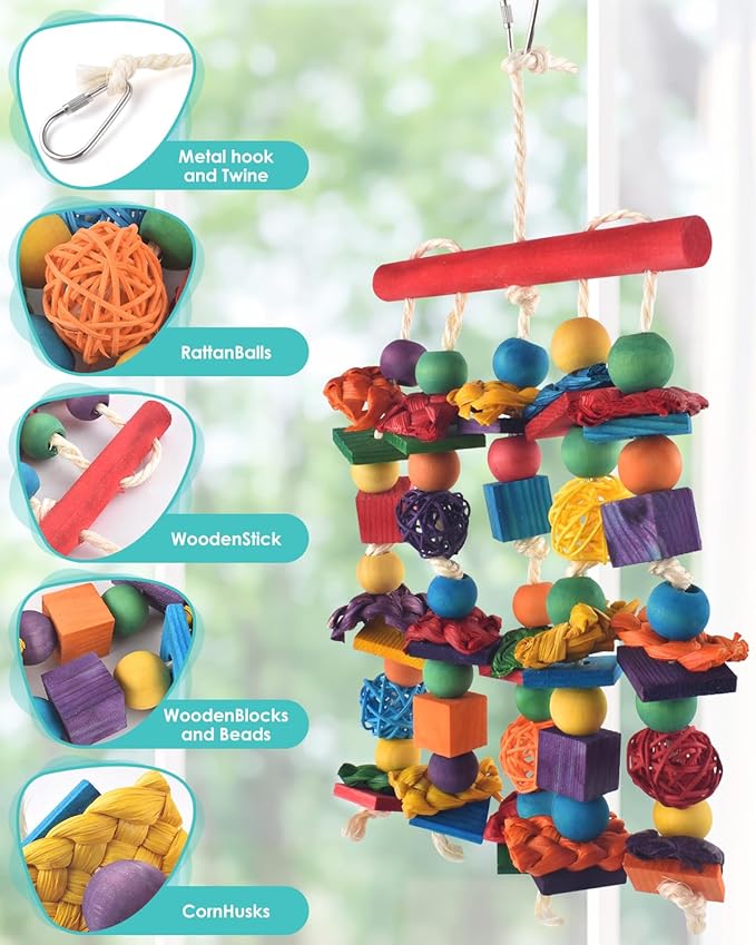 Bird Toys, Parakeet Chewing Toy, Multicolored Natural Wooden Blocks Birds Parrot Tearing Toys mit Rattan Wicker Balls, for Medium Small Macaw Cockatoos Budgie Lovebird Cockatiel Conures
