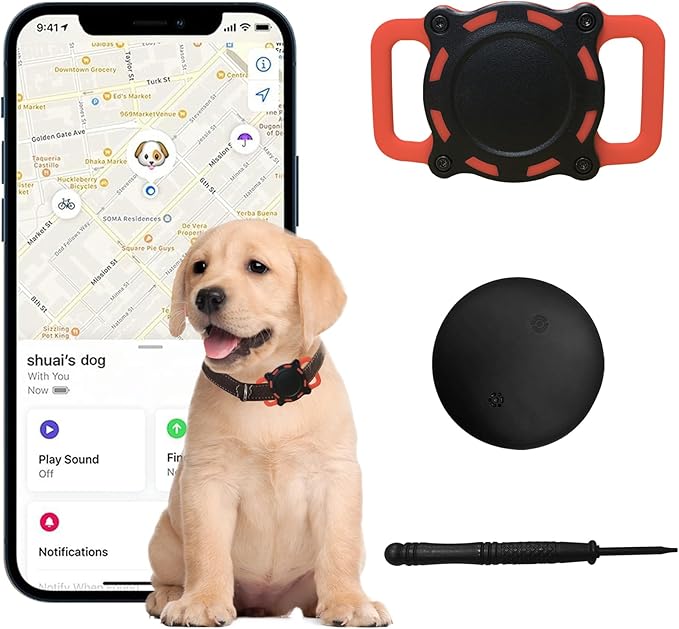 Dog Tracker, Pet Location Tracker with Collar Holder for Dogs, Waterproof Bluetooth Pet Collar Protector, MFi Certified, No Monthly Fee, iOS Only, Work with Apple Find My (Black and Red)