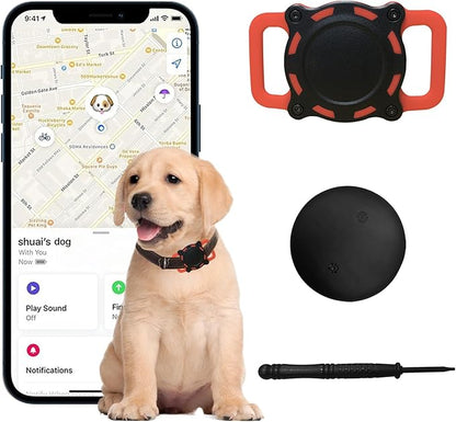 Dog Tracker, Pet Location Tracker with Collar Holder for Dogs, Waterproof Bluetooth Pet Collar Protector, MFi Certified, No Monthly Fee, iOS Only, Work with Apple Find My (Black and Red)