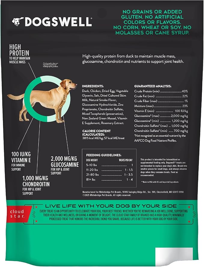 Dogswell Hip and Joint Grain-Free Duck Grillers for Dogs, 10 oz. Bag