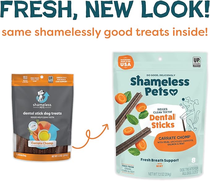 Shameless Pets Carrate Chomp Carrot Dental Chews for Dogs – Natural Dog Dental Sticks for Fresh Breath, Teeth Cleaning & Removes Tartar, Grain-Free Dog Treats, No Corn or Soy, 8 Sticks