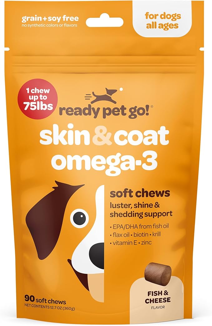 Skin and Coat Supplement for Dogs | Nourishing Omega 3 for Dogs with EPA DHA Krill Oil and Vitamin E | Dog Skin and Coat Supplement | 1 Chew up to 75lbs | NASC Certified & Made in The USA | 90 Chews