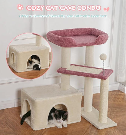 Made4Pets Pink Cat Tree, Carpet Cat Tower Grey for Indoors Cats, Cute Wood Kitty Condo with Scratching Post and Pad, 29" Multi-Level Modern Activity Climbing Furniture for Small and Medium Cats