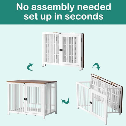 Heavy Duty Dog Crate Furniture, Fully Assembled exc. Locks, All Metal Frame & Wooden Tabletop, Modern Kennel for Small Dog, End Table, Sturdy, Foldable, White/Rustic Brown