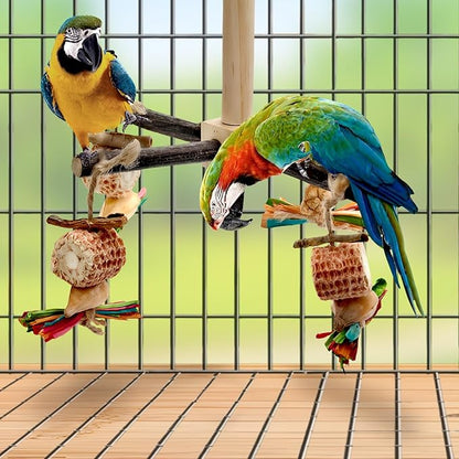 2-Pack 360° Rotating Parrot Perch Toy with Chew Toy, Natural Wooden Perch Stand, Bird Cage Accessory with Exercise Wheel for Small & Medium Birds Like Parrot Finches Muscicapidae etc, US