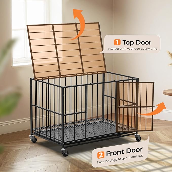 48/42/38 Inch Heavy Duty Dog Crate Steel Escape Proof,Indoor Double Door High Anxiety Cage, Removable Tray, Kennel with Wheels,XL