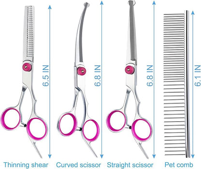 5 in 1 Premium Dog Grooming Scissors, Professional Dog Scissors for Grooming with Safety Round Tips, Lengnoyp Stainless Steel Thinning Shears, Dog Pet Cat Shears for Grooming Kit, Pink