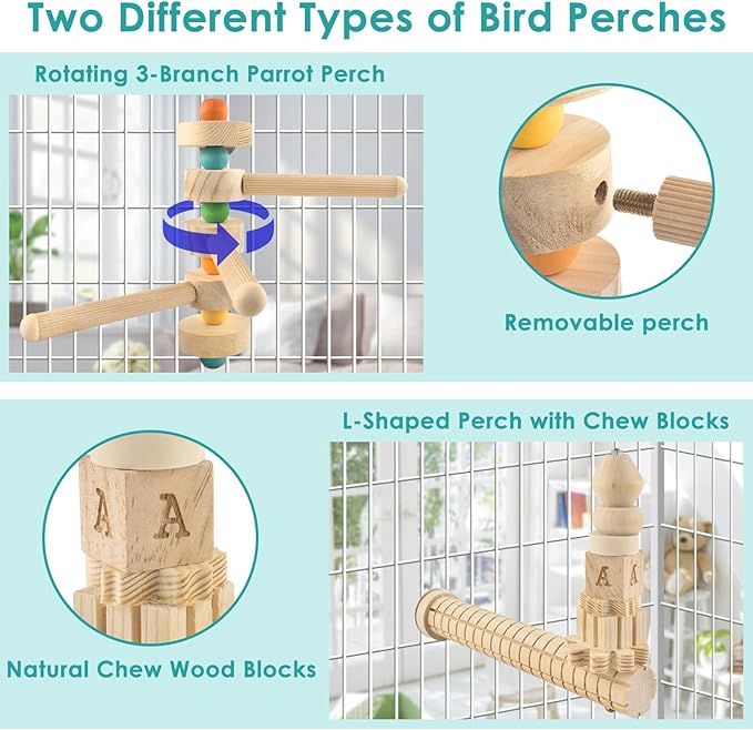 3pcs Natural Wood Bird Chewing Toys, Parrot Rotating Perch Stand, L-Shaped Perches with Chew Block, Hanging Cork Stopper Toys, Bird Cage Accessories for Parakeets Cockatiels Conures Lovebirds