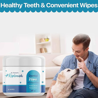 Replenish Dental Wipes for Dogs and Cats - Dog Teeth Cleaning Wipes - Pet Dental Finger Wipes for Dogs – Easy to Use Gentle Pet Dental Wipes - Effective Dog Teeth Cleaner - 50 Count