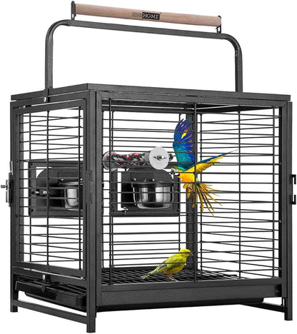VIVOHOME 19 Inch Wrought Iron Bird Travel Carrier Cage for Parrots Conures Lovebird Cockatiel Parakeets Black