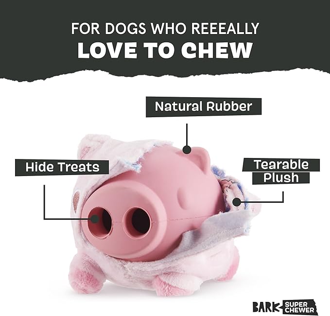 Barkbox Hambone Super Chewer Tough Dog Chew Toy for Aggressive Chewers, Plush Cover with Rubber Core - 2 Toys in 1  Two Layer Treat Dispensing Dog Toy for Large Dogs