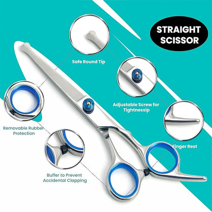 7 in 1 Dog Grooming Scissors Set with Safety Round Head, Sharp and Durable, with Two Stainless Steel Combs, Pet Grooming Scissors for Cats and Dogs