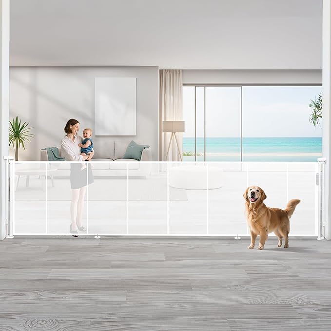 200" Retractable Baby Gates Dog Gate Extra Wide, 42" Tall Child Pet Safety Gate with Reinforced Strips for Stairs, Long Mesh Garage Gates Fence for Outdoor Indoor Large Openings Driveway Decks Patio