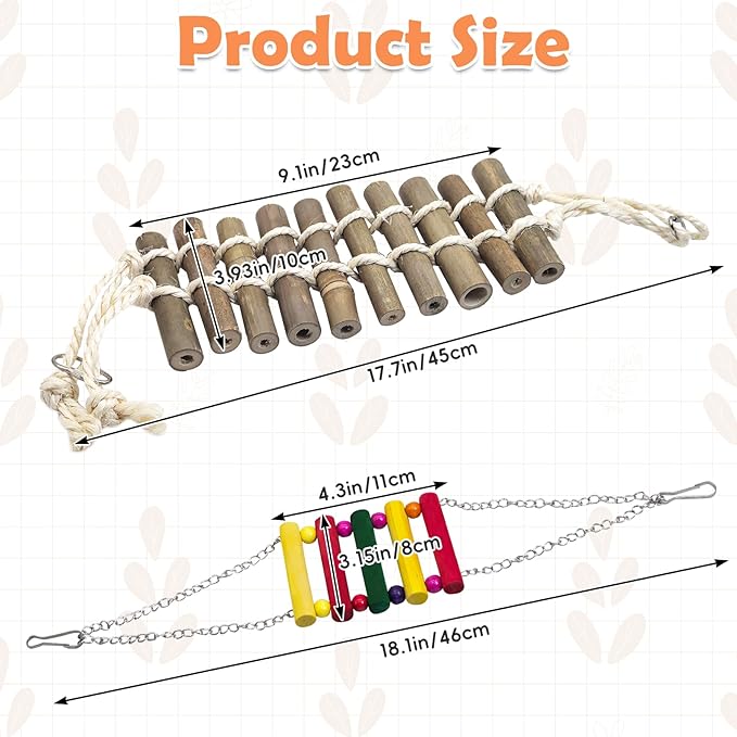 PINVNBY 2PCS Bird Ladder Bridge, Bamboo Bird Toys with Colorful Wooden Bird Swing Toy for Cage, Parakeet Cage Accessories for Small and Medium Birds Budgie Conure Cockatiel