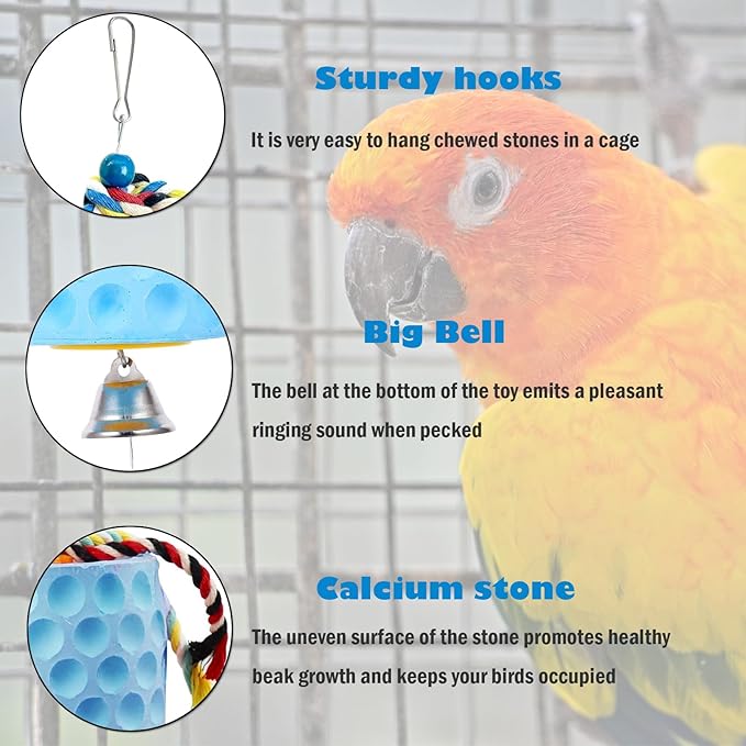Bird Beak Grinding Stone, KABASI Parrot Chew Toys Calcium Stone with Bells, Chicken Coop Accessories, Cage Toys for Cockatiel Parakeet Budgies Hamster Chinchilla Rabbit African Grey Chick Poultry