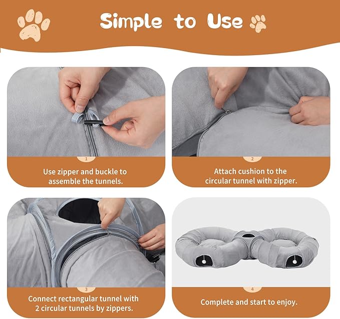 Pawaboo 2-in-1 Cat Tunnel Bed for Indoor Cats, 8-Shaped Large Cat Tunnels with Plush Cushions, Foldable Cats Cave Hideout Kitty Toys with Fluffy Balls, Donut Tunnel for Kitten Rabbit Ferret, Grey