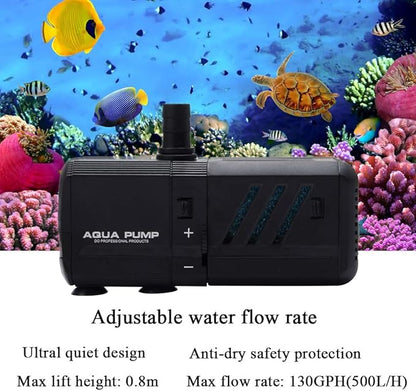 MQ 130GPH Submersible Water Pump (500L/H, 6W) with Filters and Water Nozzles, Ultra Quiet for Aquarium, Fish Tank, Pond, Fountain, Hydroponics