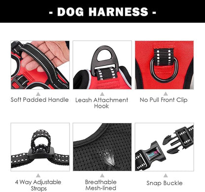PHOEPET No Pull Dog Harnesses for Small Dogs Reflective Adjustable Front Clip Vest with Handle 2 Metal Rings 3 Buckles [Easy to Put on & Take Off](S, Red)