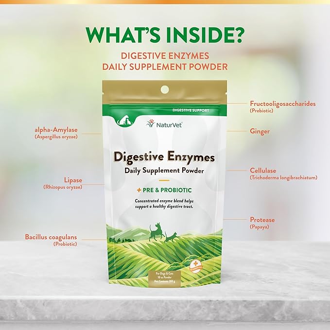 NaturVet  Digestive Enzymes - Plus Probiotics & Prebiotics  Helps Support Diet Change & A Healthy Digestive Tract  for Dogs & Cats  10 oz Powder