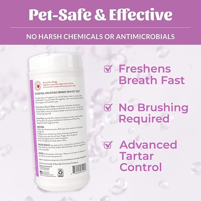 SKOUT'S HONOR Fresher Breath Dental Wipes- Pet Dental Wipes - Fights Plaque and Tartar, Freshens Breath Fast, No Brushing Required, 50 Sheets