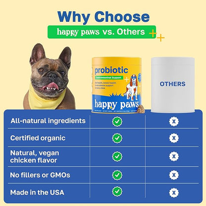 Happy Paws Probiotics for Dogs, Supplements for Gut, Skin, Coat & Immune Support for All Breeds & Ages, Made with Coconut Oil & Vitamin E, Vegan Chicken Flavor, Organic, Non GMO, 200 Soft Chews