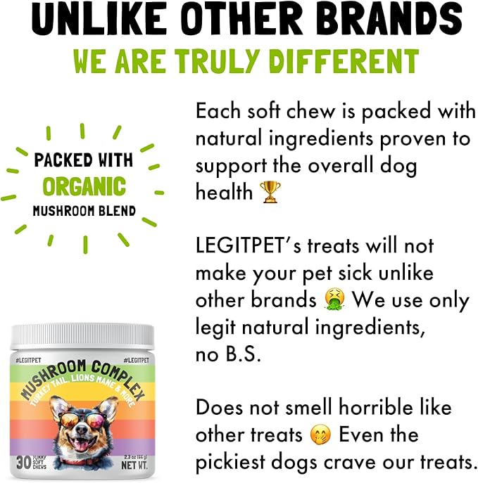 Mushroom Complex Treats for Dogs with Reishi, Shiitake, and Turkey Tail Mushrooms for Cognition and Immune Boosting Supports Digestive Health and Reduces Inflammation DHA EPA Turmeric Kelp 30 Chews