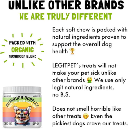 Mushroom Complex Treats for Dogs with Reishi, Shiitake, and Turkey Tail Mushrooms for Cognition and Immune Boosting Supports Digestive Health and Reduces Inflammation DHA EPA Turmeric Kelp 30 Chews