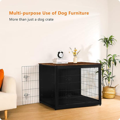 DWANTON Dog Crate Furniture with Cushion, Wooden Kennel Table with Double Doors, Indoor Dog House, Extra Large Size, 43.3" L, Black+Warm Brown