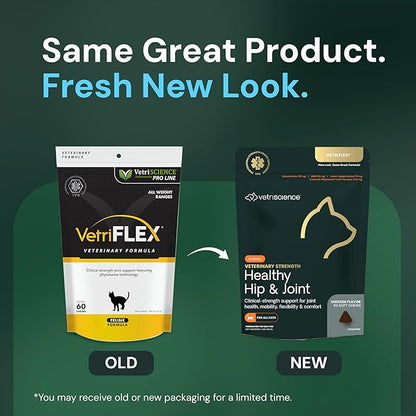 VetriScience Veterinary Strength Healthy Hip & Joint Chews - Cat Joint & Soft Tissue Health Supplement for Mobility - Clinical Strength Formula - Chicken Flavor - 60 Count