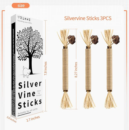 3 Pack Silvervine Sticks Cat Toys, 100% Natural Kitten Teething Chew Toys, Catnip Toys for Kittens & Cats, Cat Approved Gift, Protects Furniture
