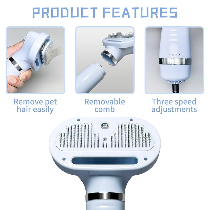 Spray Cat Brush for Shedding Pet Hair Dryer with Slicker Brush - Home Grooming Furry Portable Drying Blower for Short Straight Hair Cat - 3 in 1 Cleaning Brush for Cats and Dogs (BLUE)