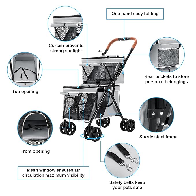 Double Pet Stroller for Dogs and Cats, One-Hand Folding Dog Stroller Travel Carriage for Small Medium Dogs Cats, 4 Wheels, Gray