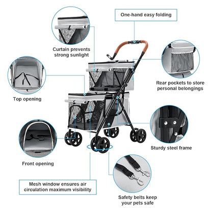 Double Pet Stroller for Dogs and Cats, One-Hand Folding Dog Stroller Travel Carriage for Small Medium Dogs Cats, 4 Wheels, Gray