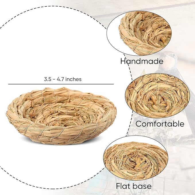 Patelai 4 Pcs Bird Nest Handmade Woven Flat Base Dove Bird House Breeding Nest Small Animal Cage Accessories for Pigeon Parrot Budgie Parakeet Cockatiel Hamster Gerbil Pig(3.54-4.72 Inch)