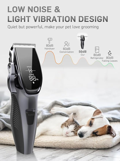 Dog Grooming Kit Low Noiseï¼_ordless 4 in 1 Dog Clippers for Grooming Rechargeable Pet Cat Trimmer with 2 Speed,6 Guards,Scissors,Comb for Small Medium Large Pets Dogs Cats Thick Hair Cutting (Pewter)