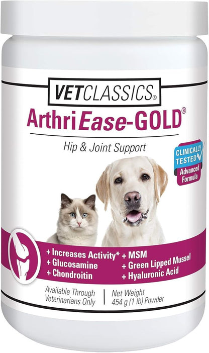 Vet Classics ArthriEase-Gold Hip & Joint Support for Dogs, Cats Pet Health Supplement Powder  Alleviates Aches, Discomfort  For Flexibility, Healthy Joint Function  Antioxidants  1 Lb.