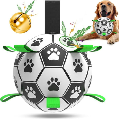 QDAN Dog Soccer Balls Toy with Bell Inside, Outdoor Interactive Dog Toys for Tug of War, Puppy Birthday Gifts, Dog Water Toy, Durable Ropes Squeaky Soccer Dog Ball for Medium and Large Dogs （8 INCH）