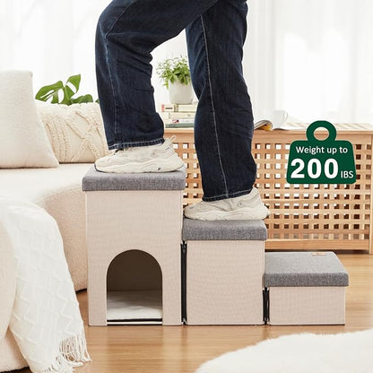 Love's cabin Dog Stairs for Small Medium or Large Dogs with Storage and Condo,Foldable Dog Steps for Bed or Couch,3-Step Gray Folding Cat Dog Ramp with Zip up to 210 lbs,Light Grey